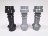Three 3D-printed saber hilt pieces. black light grey and silver, arranged side by side on a plain white background.