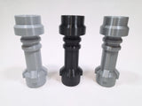 Three cylindrical mechanical or hardware components displayed upright on a plain white background, with two in gray and one in black.