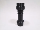 A black cylindrical plastic component with a flared base and ridged upper section, photographed on a plain light background.