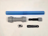 Complete set of parts for Brick Saber. Blue saber blade, grey saber hilt, grey and black saber light module and tools on a white background.